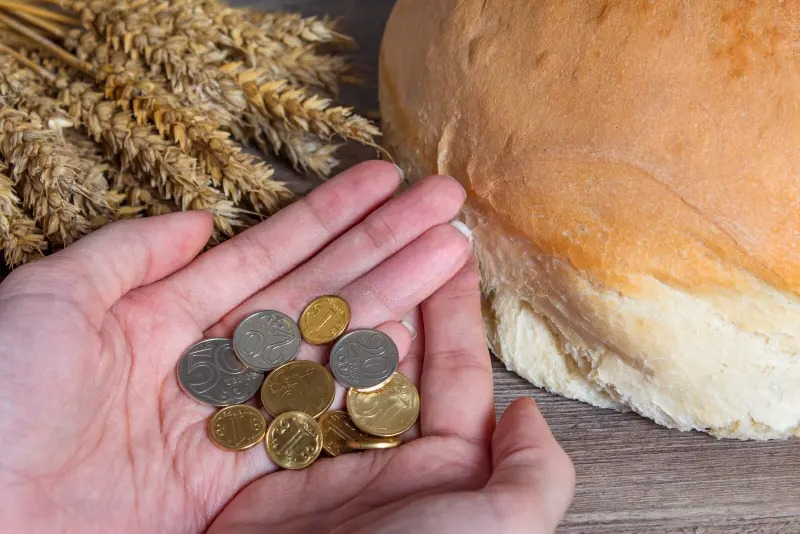 zhenskie ruki derzhat kazahstanskie monety tenge za stol s ushami psheniczy 164208684