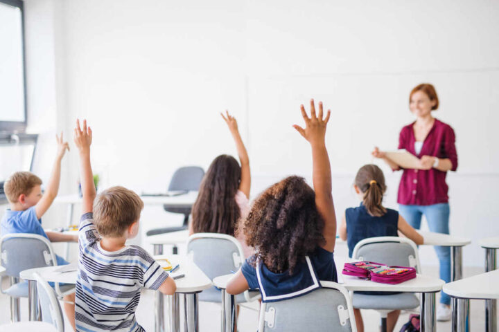 rear view of school children sitting at the desk in classroom on the lesson raising hands hpif24982